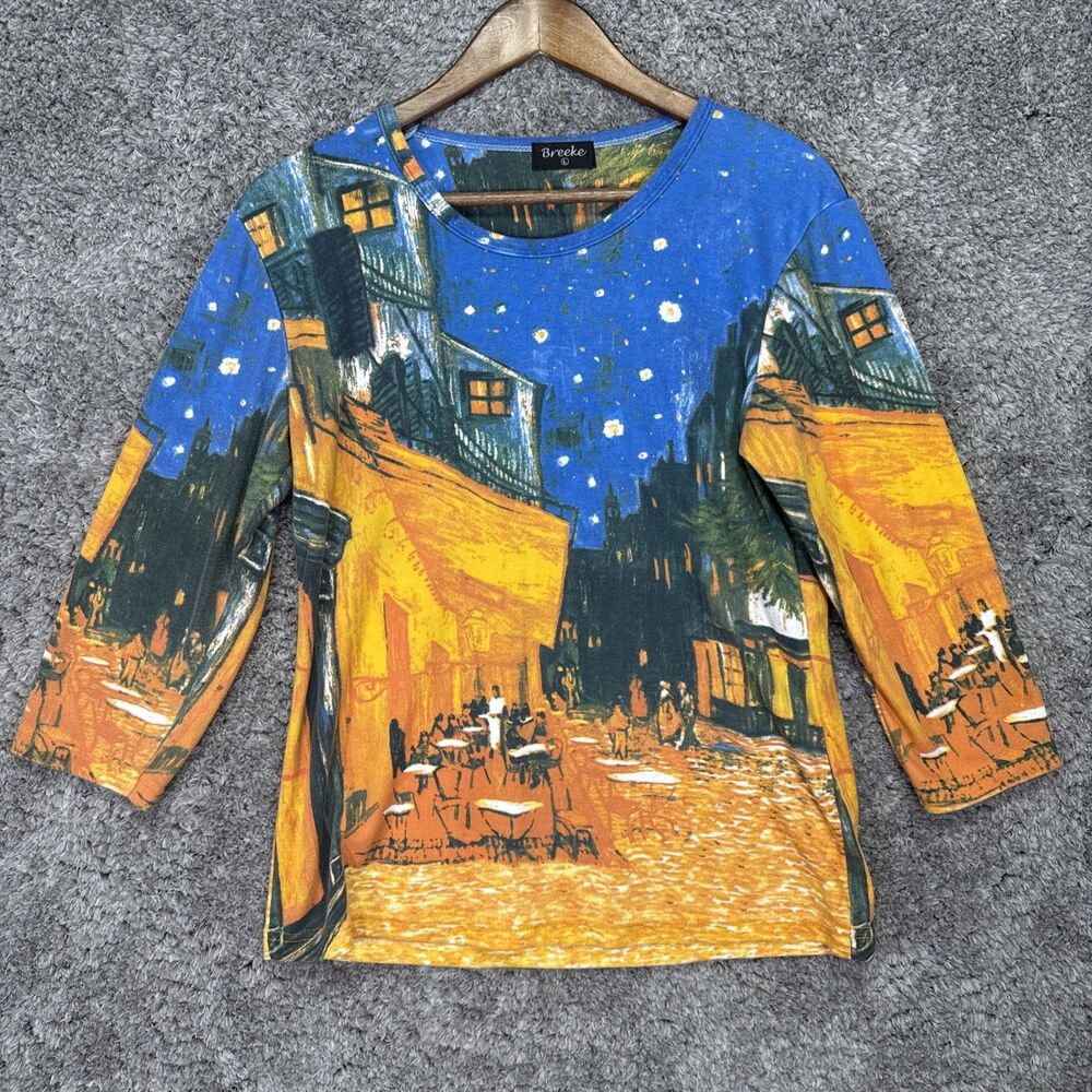 Vintage Y2K Art Themed All Over Print Blouse Top 3/4 Sleeve Large Colorful Scene